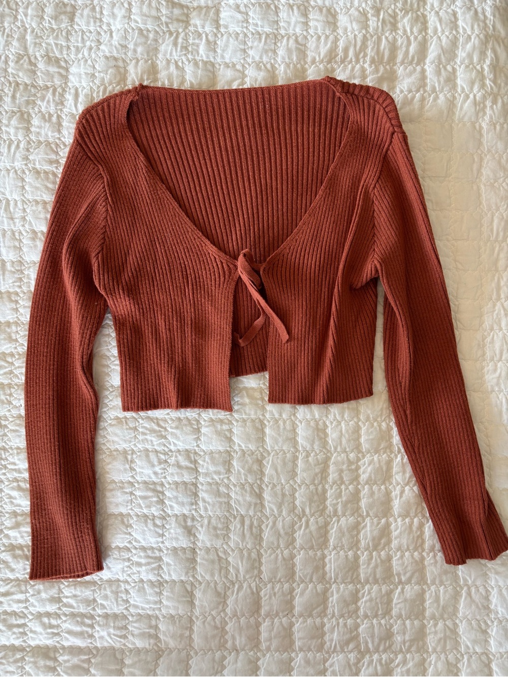 Rust Ribbed Tie-Front Cropped Cardigan - Women